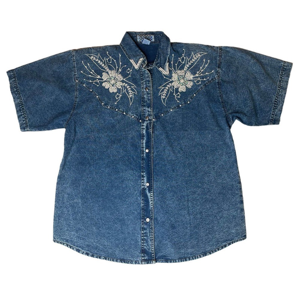 Vintage 80s Pretty Bleu‎ Womens Stonewashed Denim Pearl Embellished Jean Shirt M